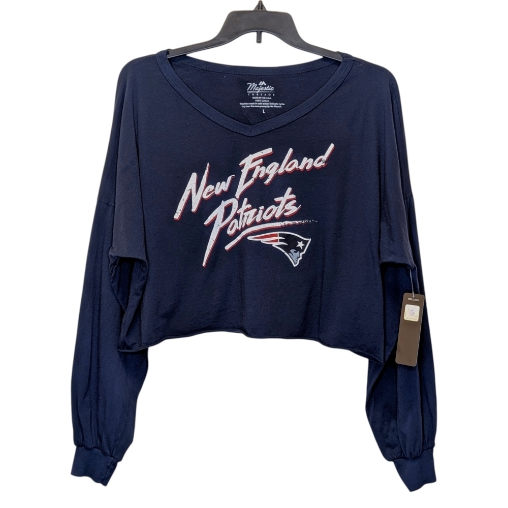 Majestic Threads Women's Drake Maye NE Patriots Navy Off Shoulder V-Neck Tee NWT